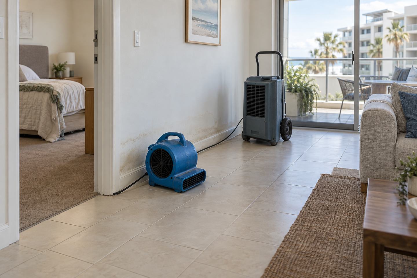 An air mover and dehumidifier drying a coastal apartment after a leak.