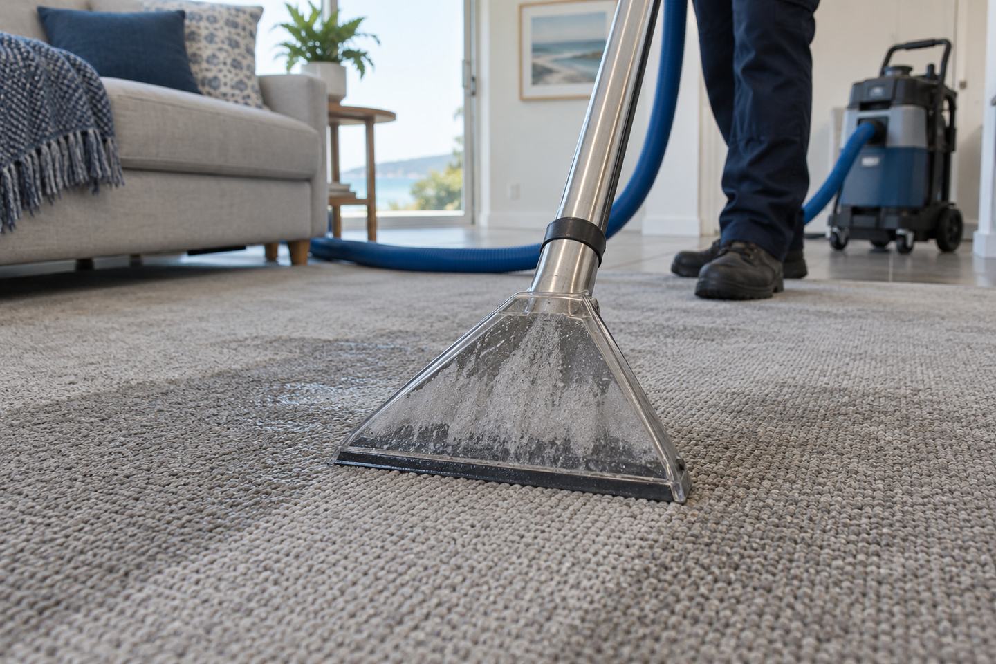A professional water-extraction wand on damp carpet in a living room.