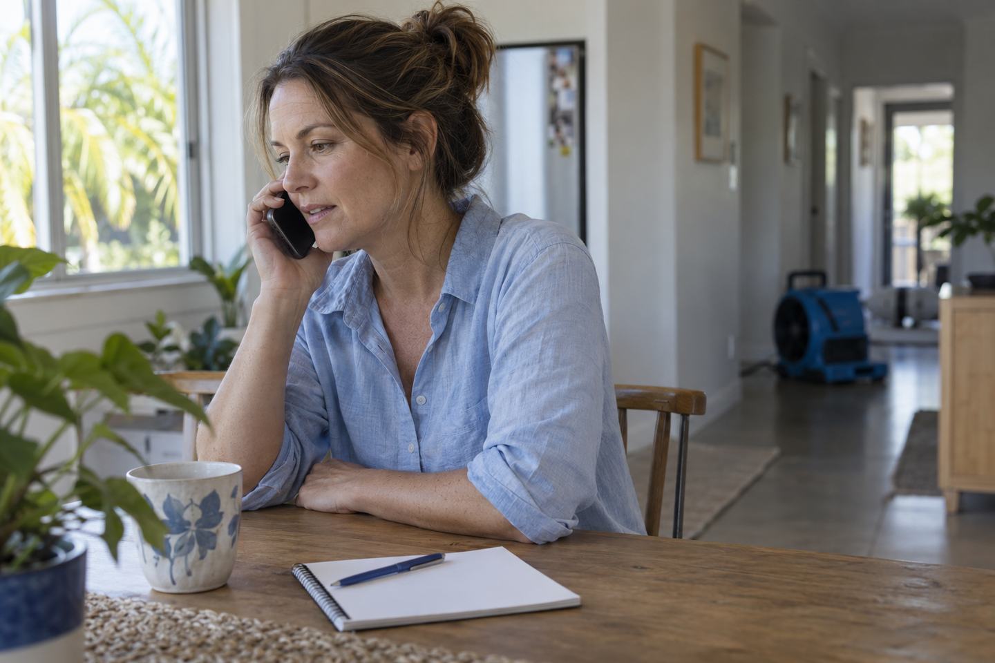 A homeowner making a phone call from her kitchen table.