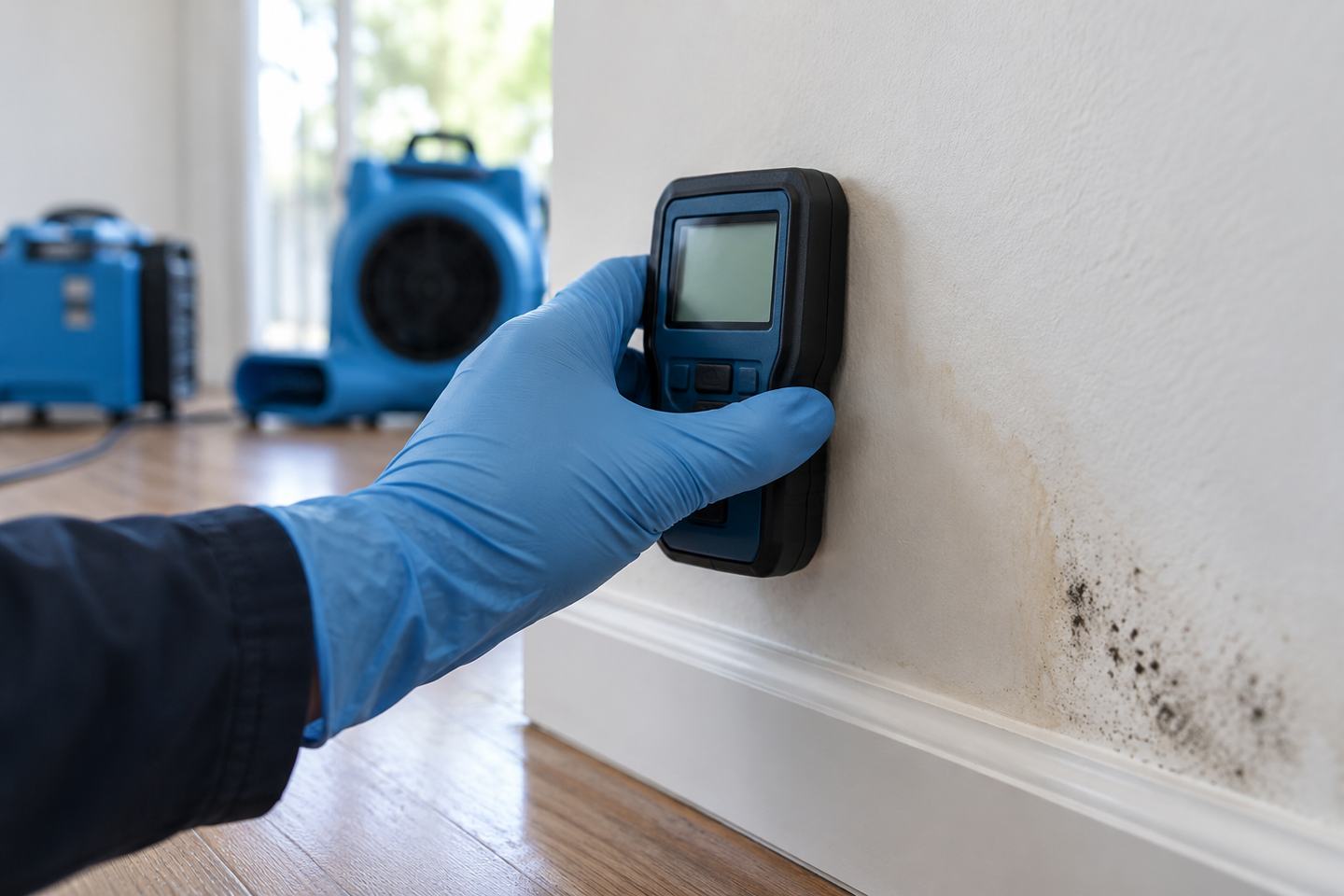 A moisture meter held against a water-stained wall during an assessment.