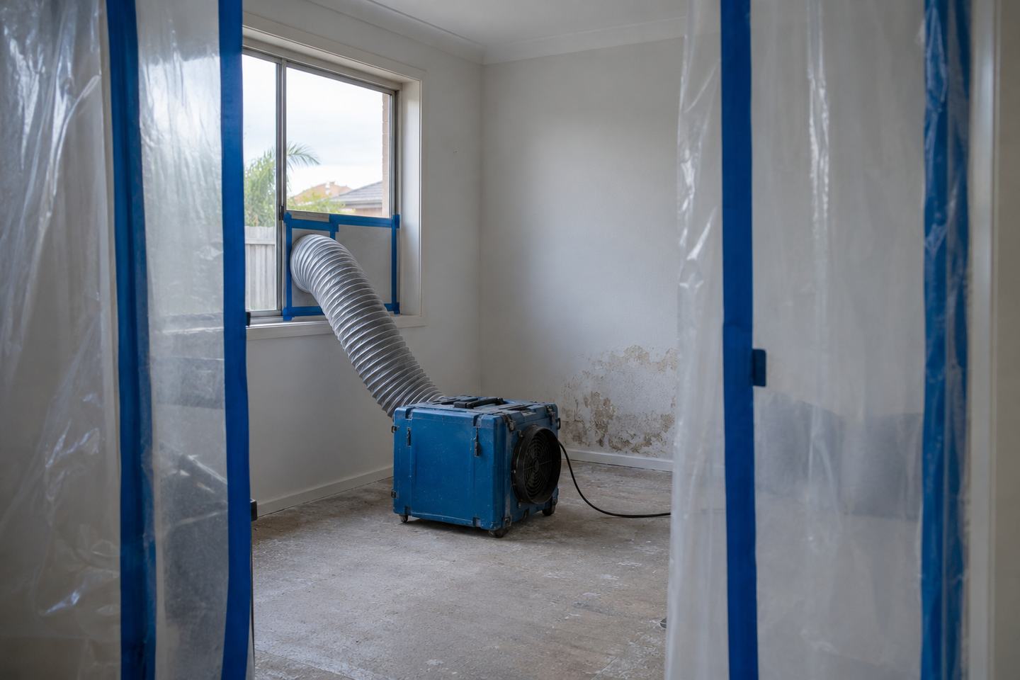 A blue air scrubber inside a room isolated by clear plastic containment.