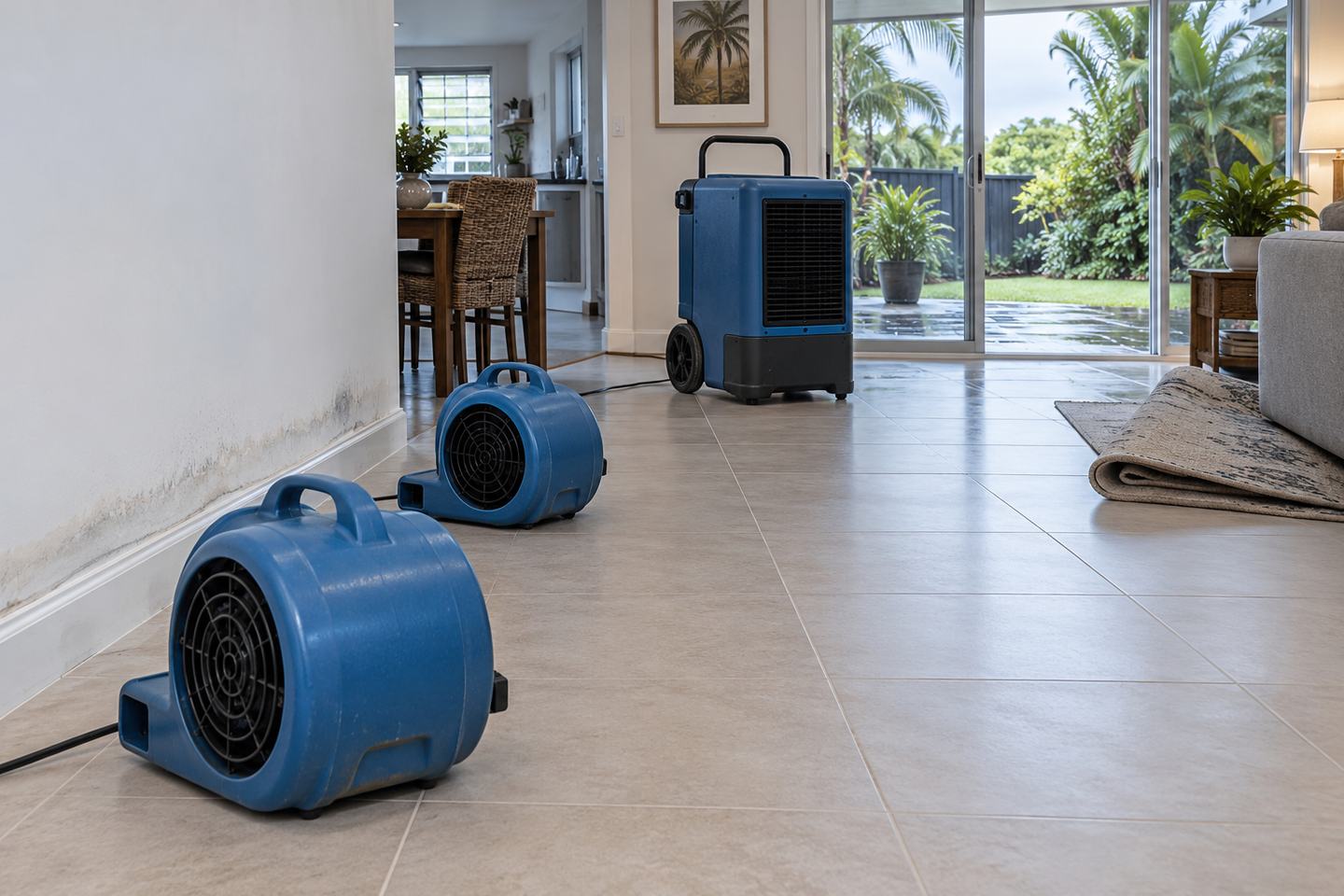 Blue air movers and a dehumidifier set up to dry a water-damaged room.